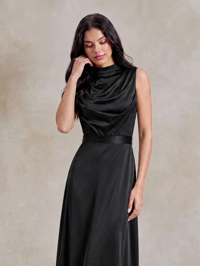 Satin Tie Back Draped Cowl Neck Maxi Dress