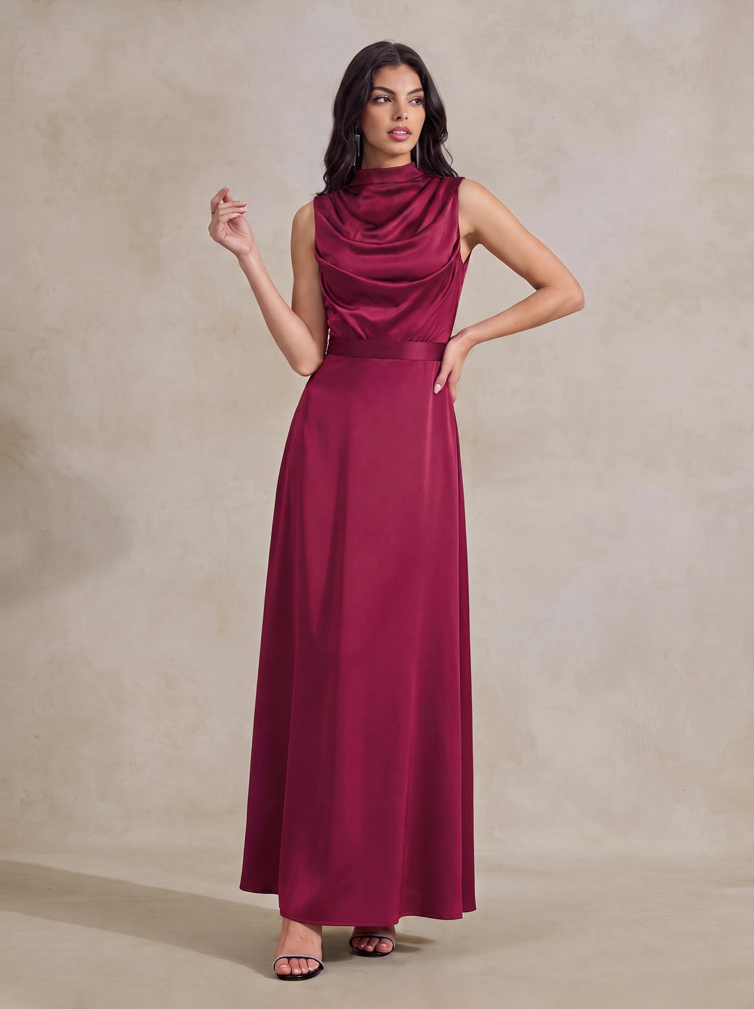 Satin Draped Cowl Neck Tie Back Maxi Dress