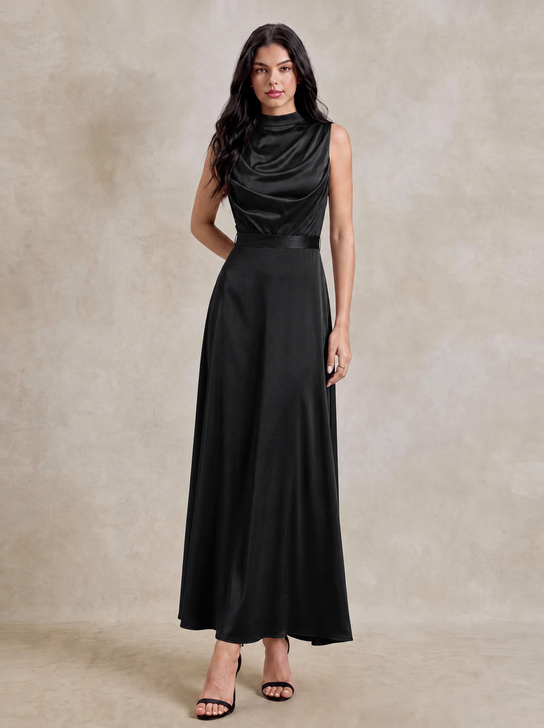 Satin Draped Cowl Neck Tie Back Maxi Dress
