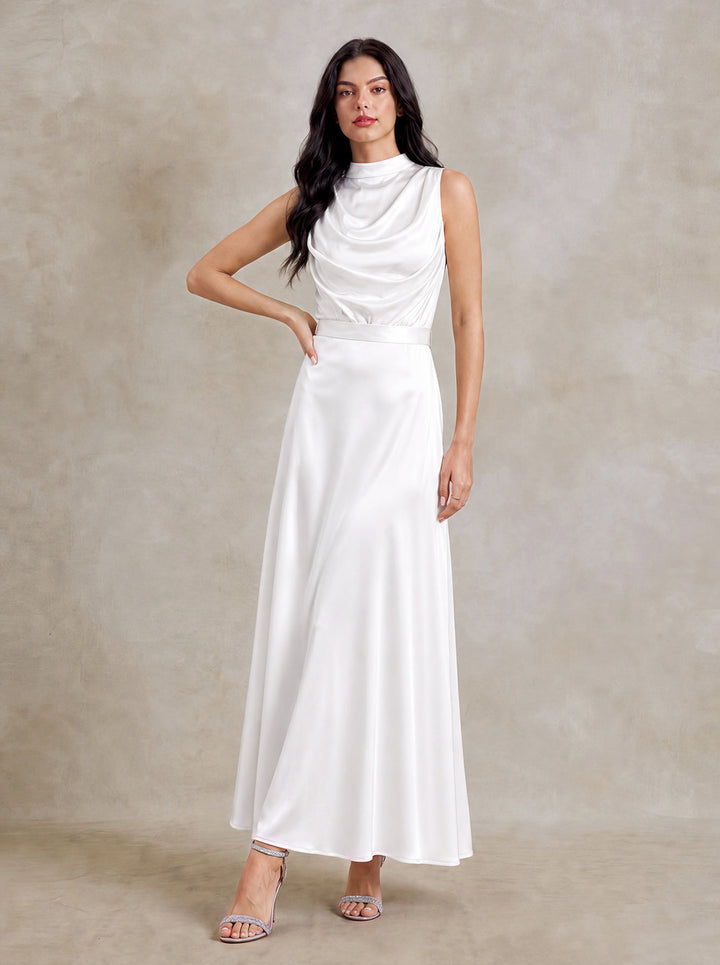 Satin Draped Cowl Neck Tie Back Maxi Dress
