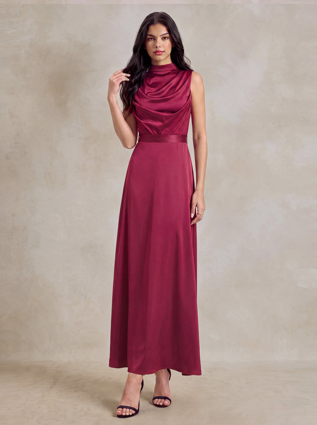 Draped Cowl Neck Satin Tie Back Maxi Dress