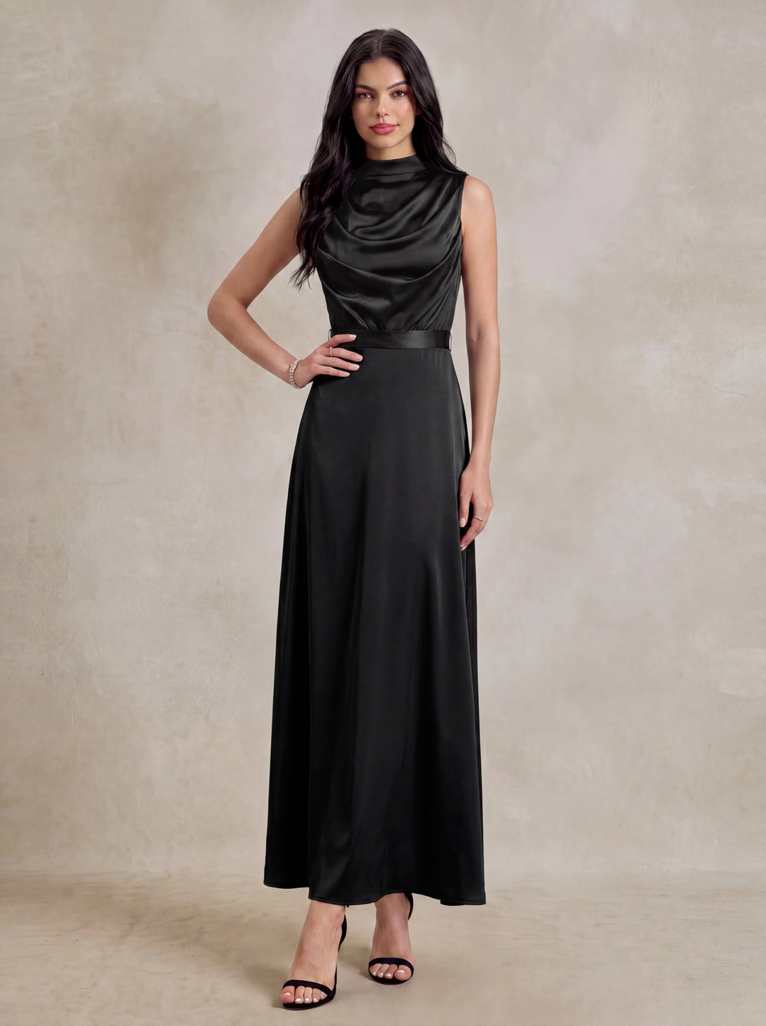 Draped Cowl Neck Satin Tie Back Maxi Dress