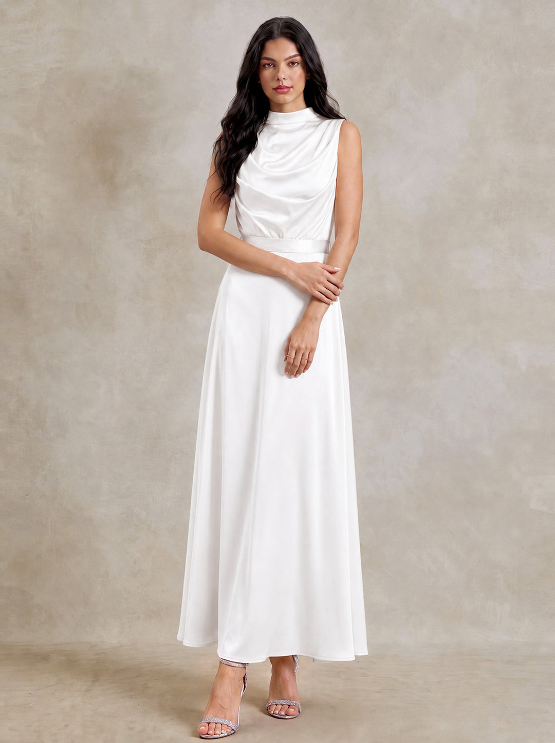 Draped Cowl Neck Satin Tie Back Maxi Dress