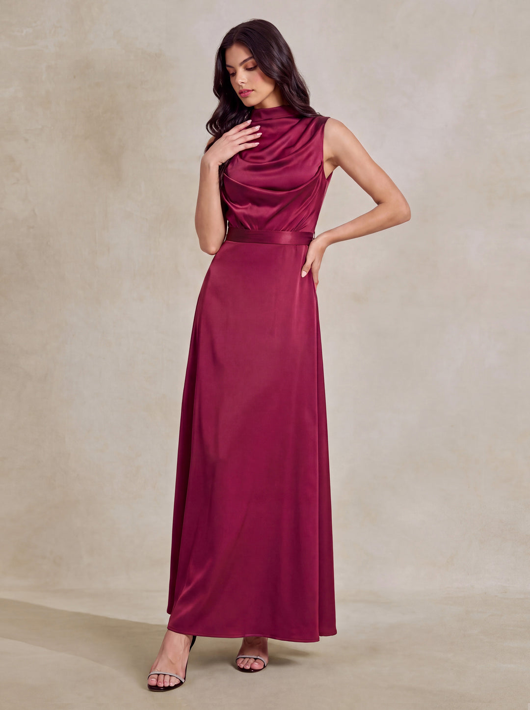 Tie Back Satin Draped Cowl Neck Maxi Dress