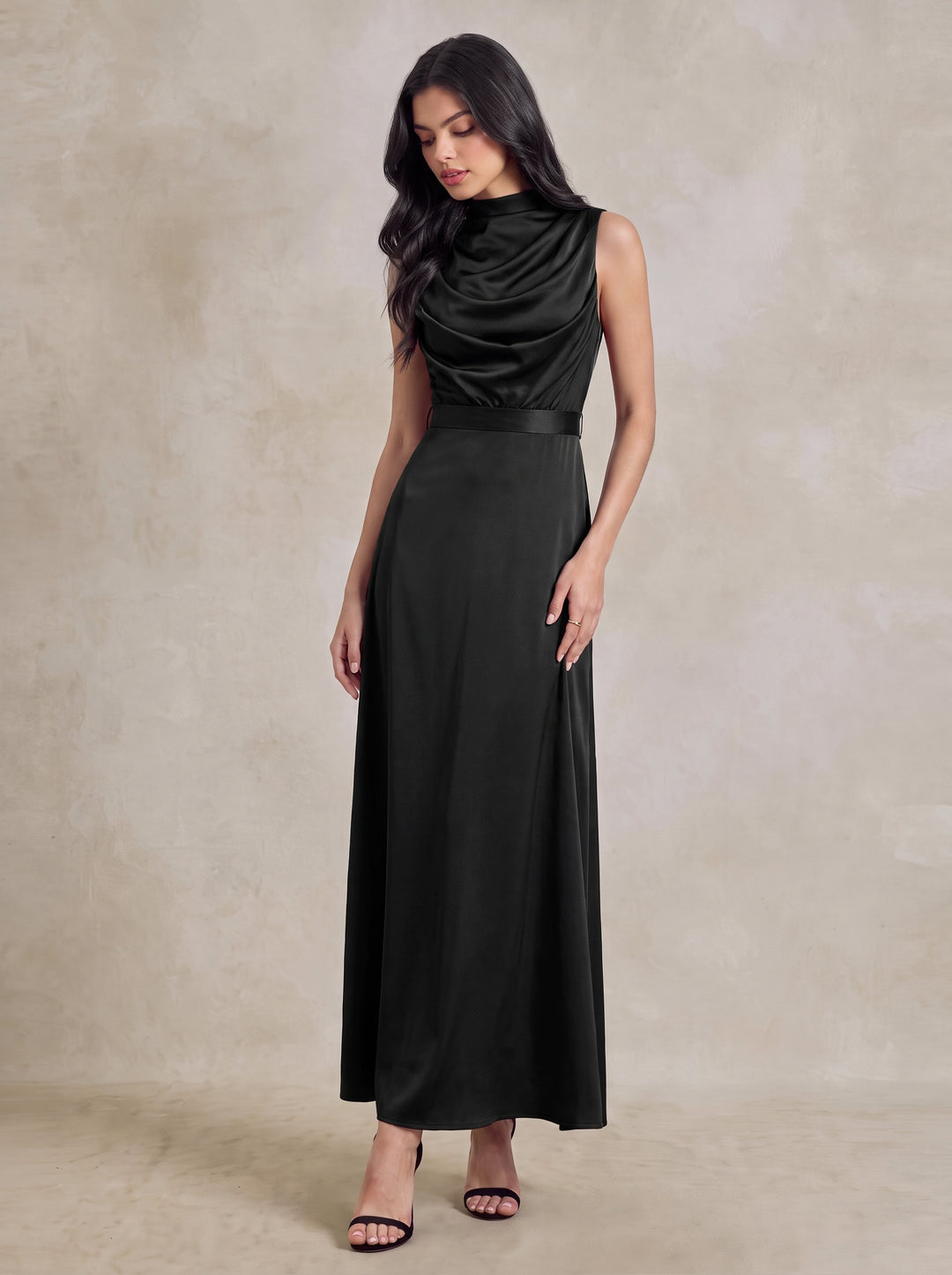 Tie Back Satin Draped Cowl Neck Maxi Dress