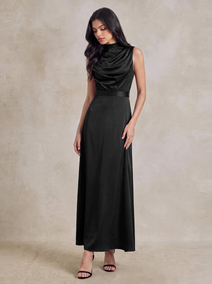 Tie Back Satin Draped Cowl Neck Maxi Dress