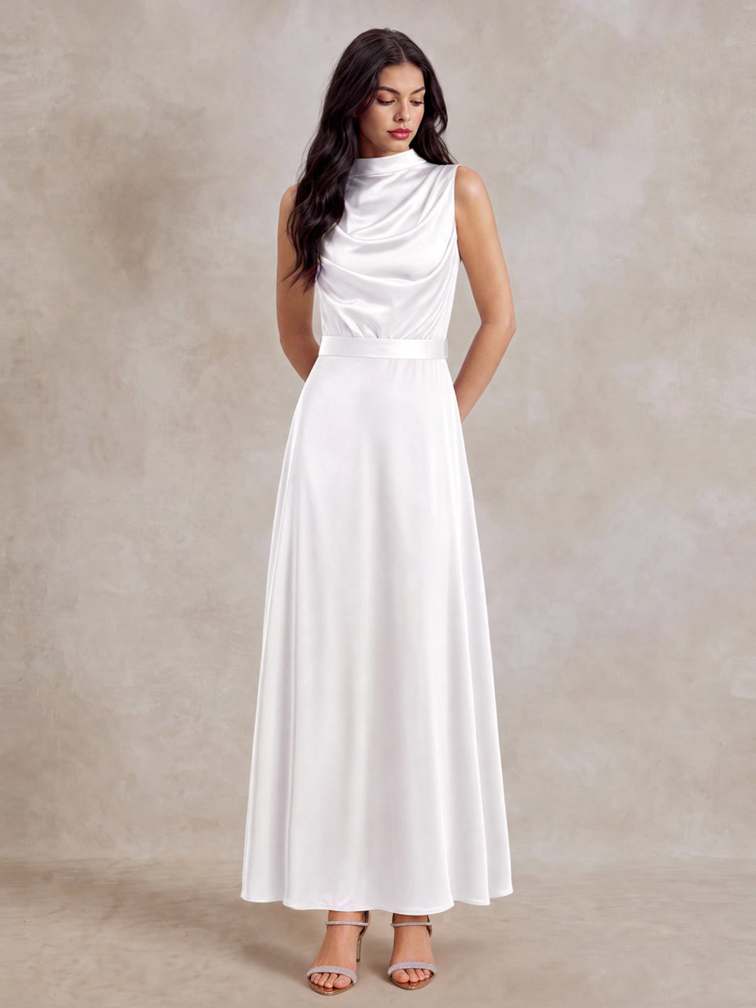 Tie Back Satin Draped Cowl Neck Maxi Dress