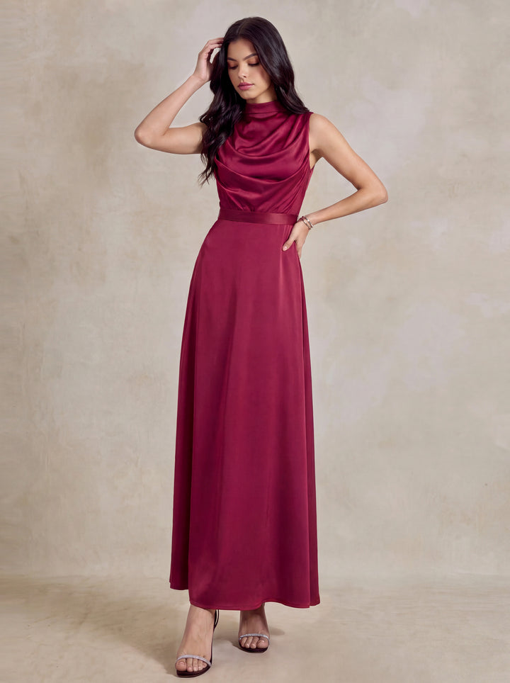 Tie Back Draped Cowl Neck Satin Maxi Dress