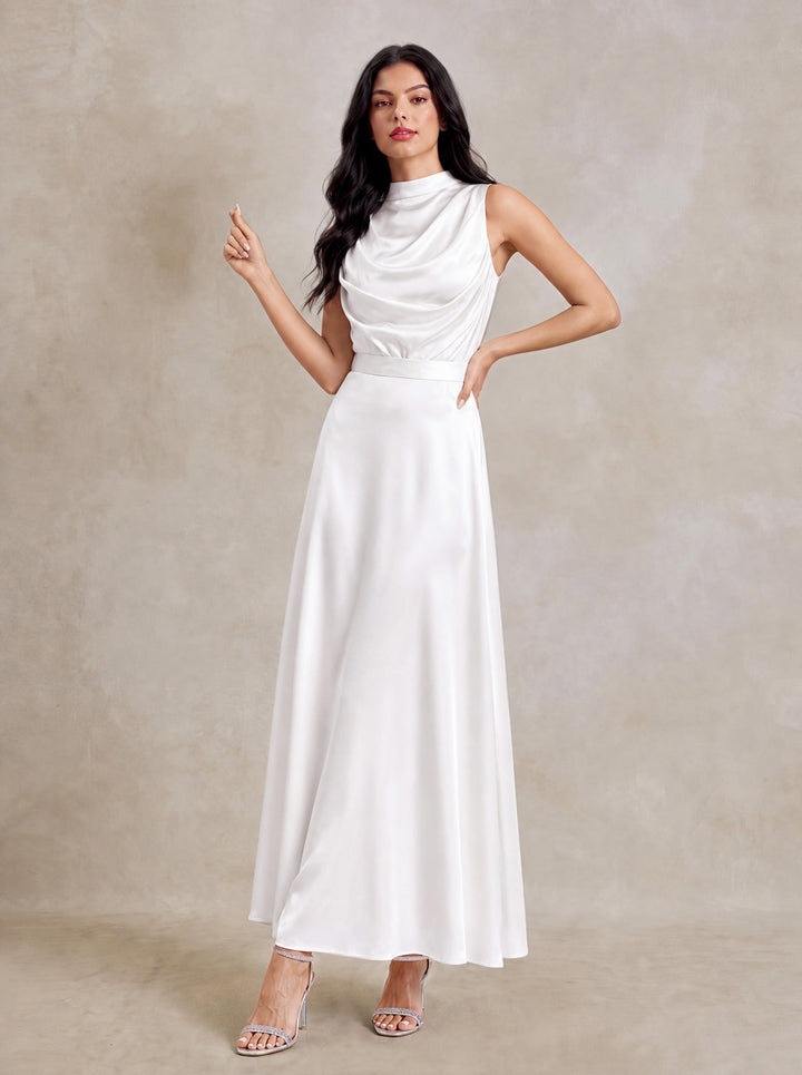 Tie Back Draped Cowl Neck Satin Maxi Dress
