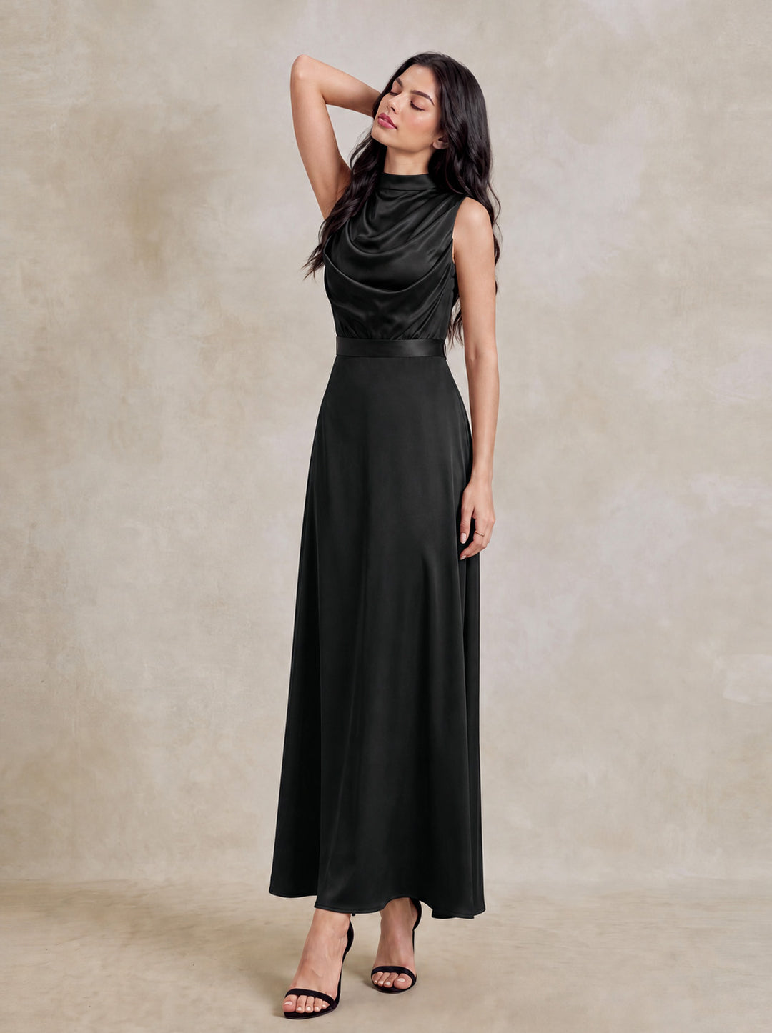 Tie Back Draped Cowl Neck Satin Maxi Dress
