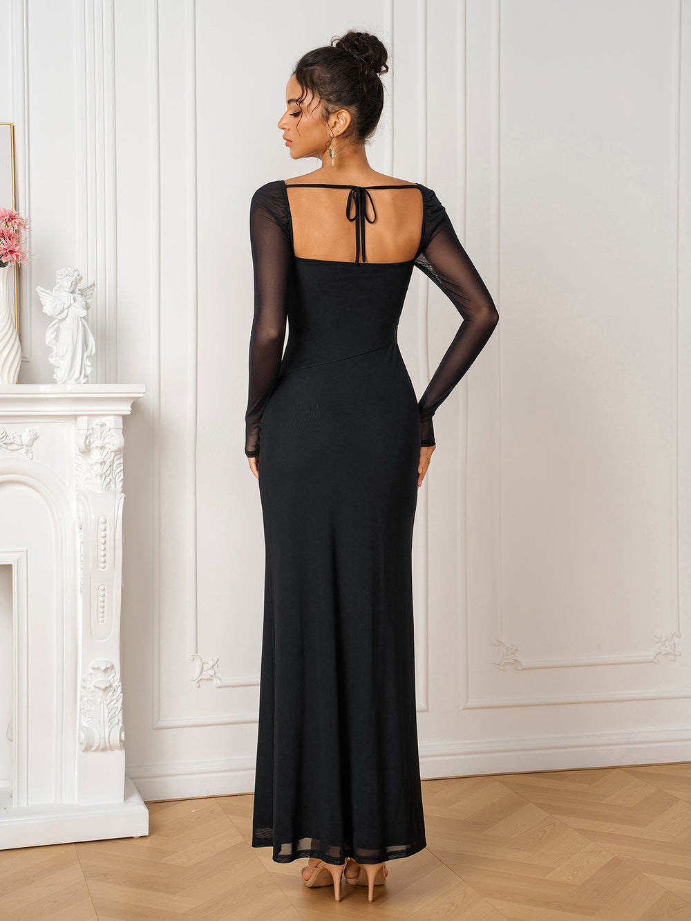 Draped Front Long SleeveTie Back  Corset Dress#color_black