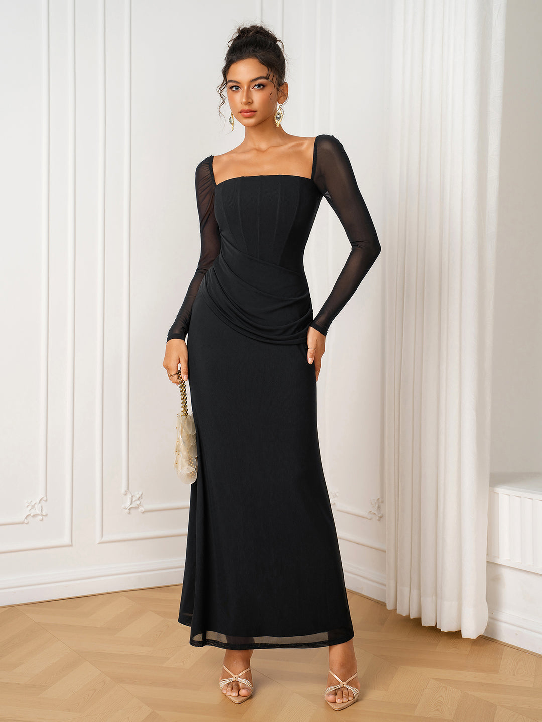 Long Sleeve Draped Front Tie Back Corset Dress