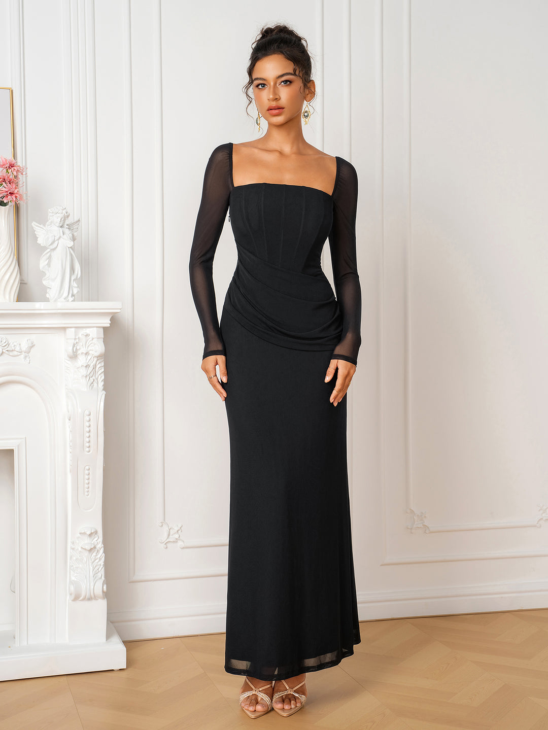 Draped Front Tie Back Long Sleeve Corset Dress