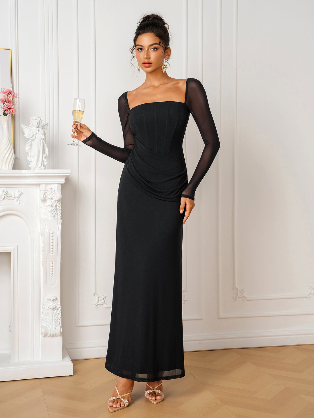 Tie Back Long Sleeve Draped Front Corset Dress