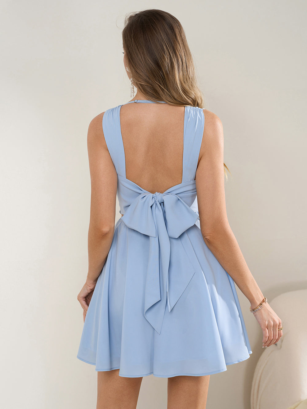 bow tie back draped hem pleated hem dress#color_blue