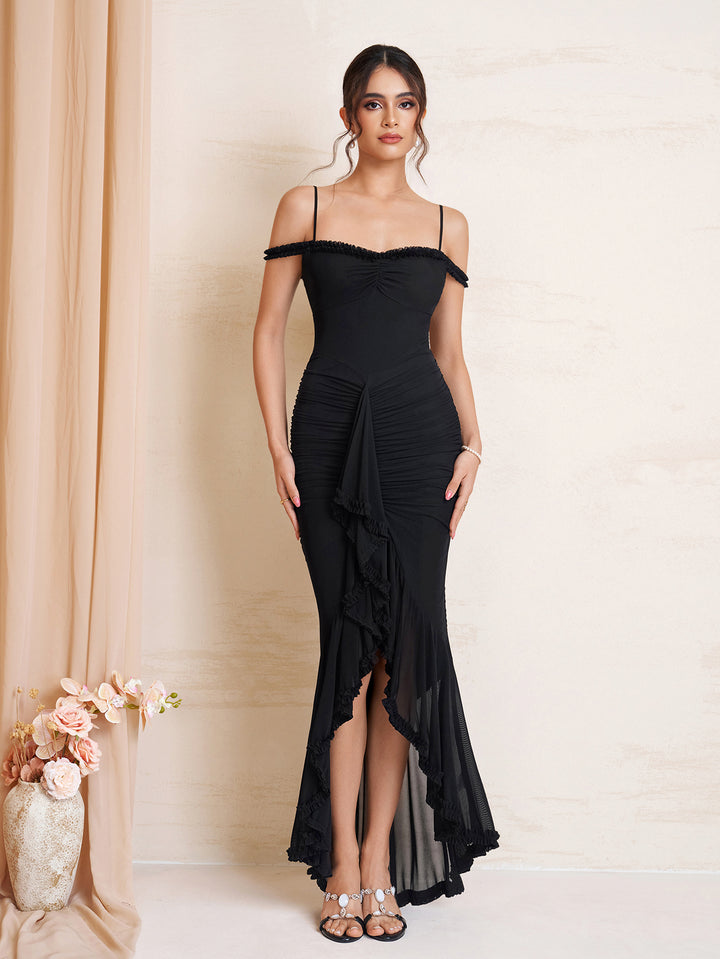Draped Sleeve Ruched Asymmetrical Hem Mesh Dress