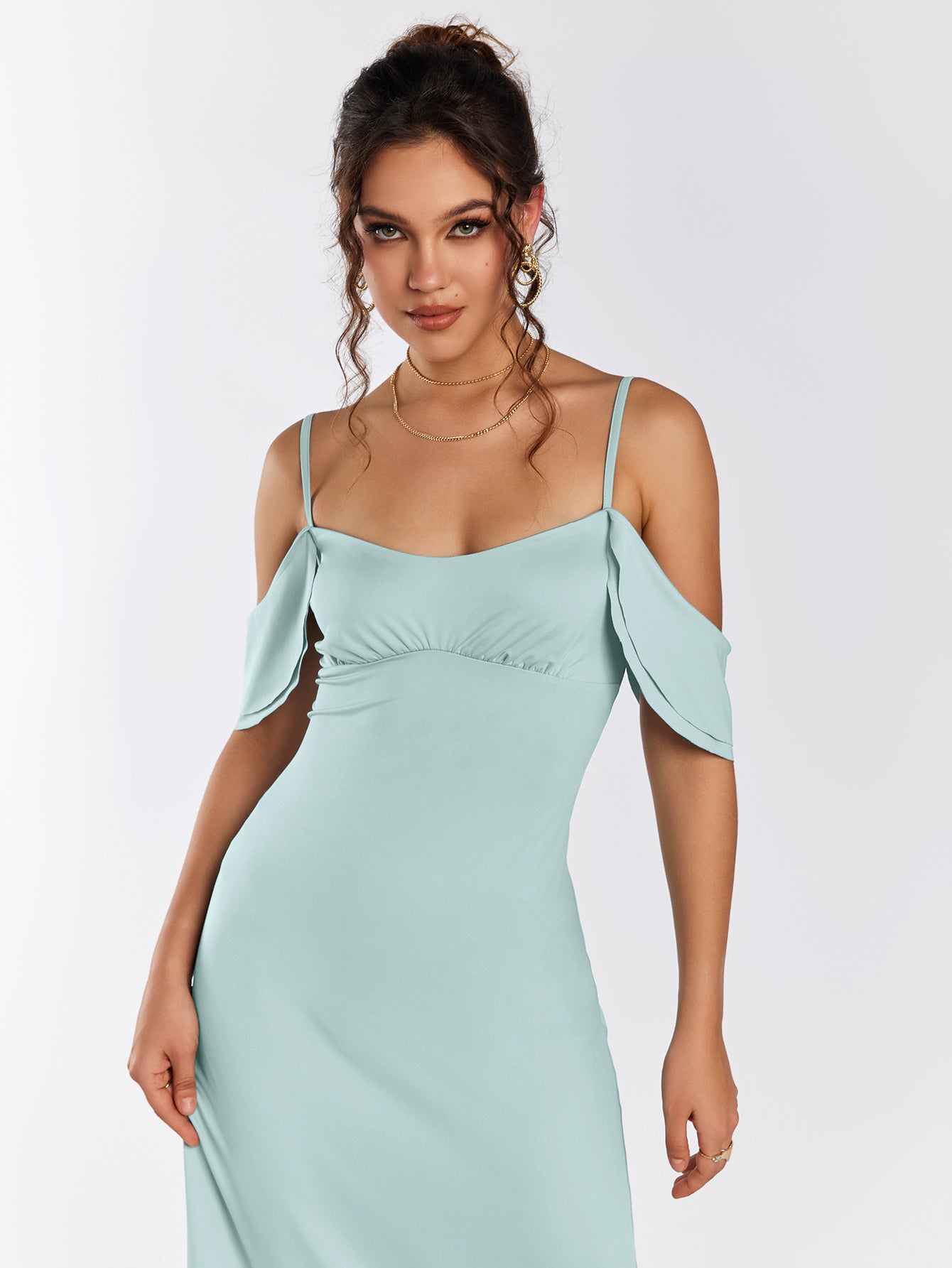 ruched bust draped sleeve backless bodycon dress#color_mint