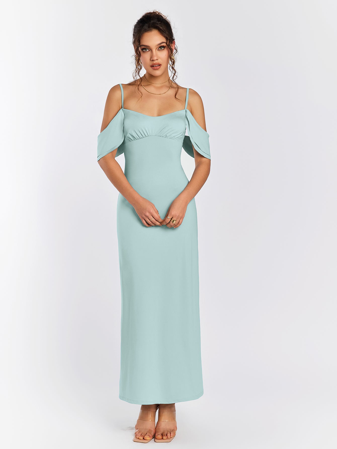 ruched bust backless draped sleeve bodycon dress#color_mint