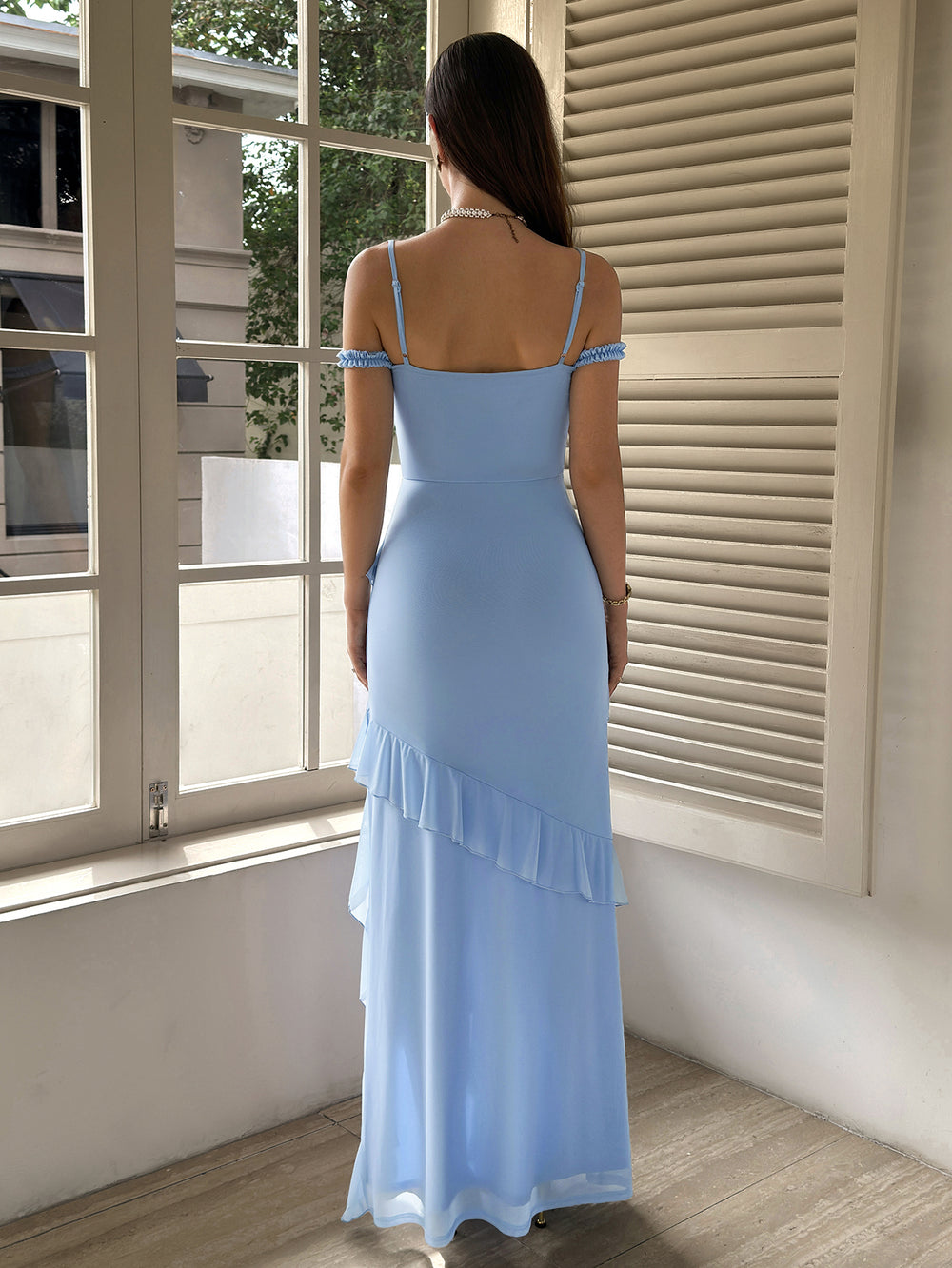 Draped Sleeve Split Thigh Ruffle Trim Mesh Dress#color_blue