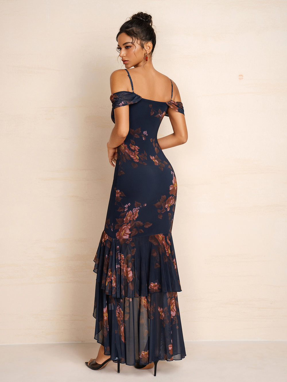 Draped Sleeve Bodycon Tiered Ruffle Floral Print Mesh Dress#color_redfloral