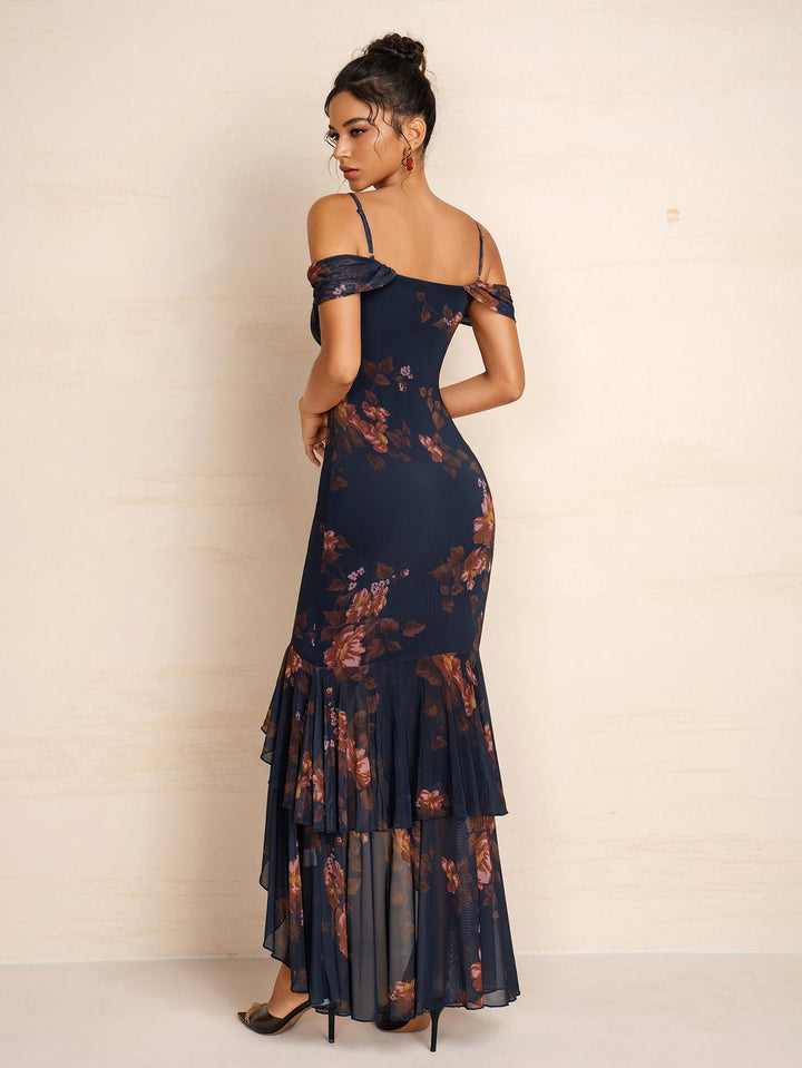Draped Sleeve Bodycon Tiered Ruffle Floral Print Mesh Dress