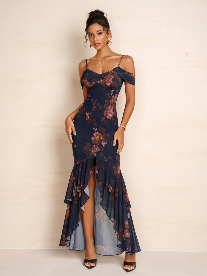 Bodycon Draped Sleeve Tiered Ruffle Floral Print Mesh Dress