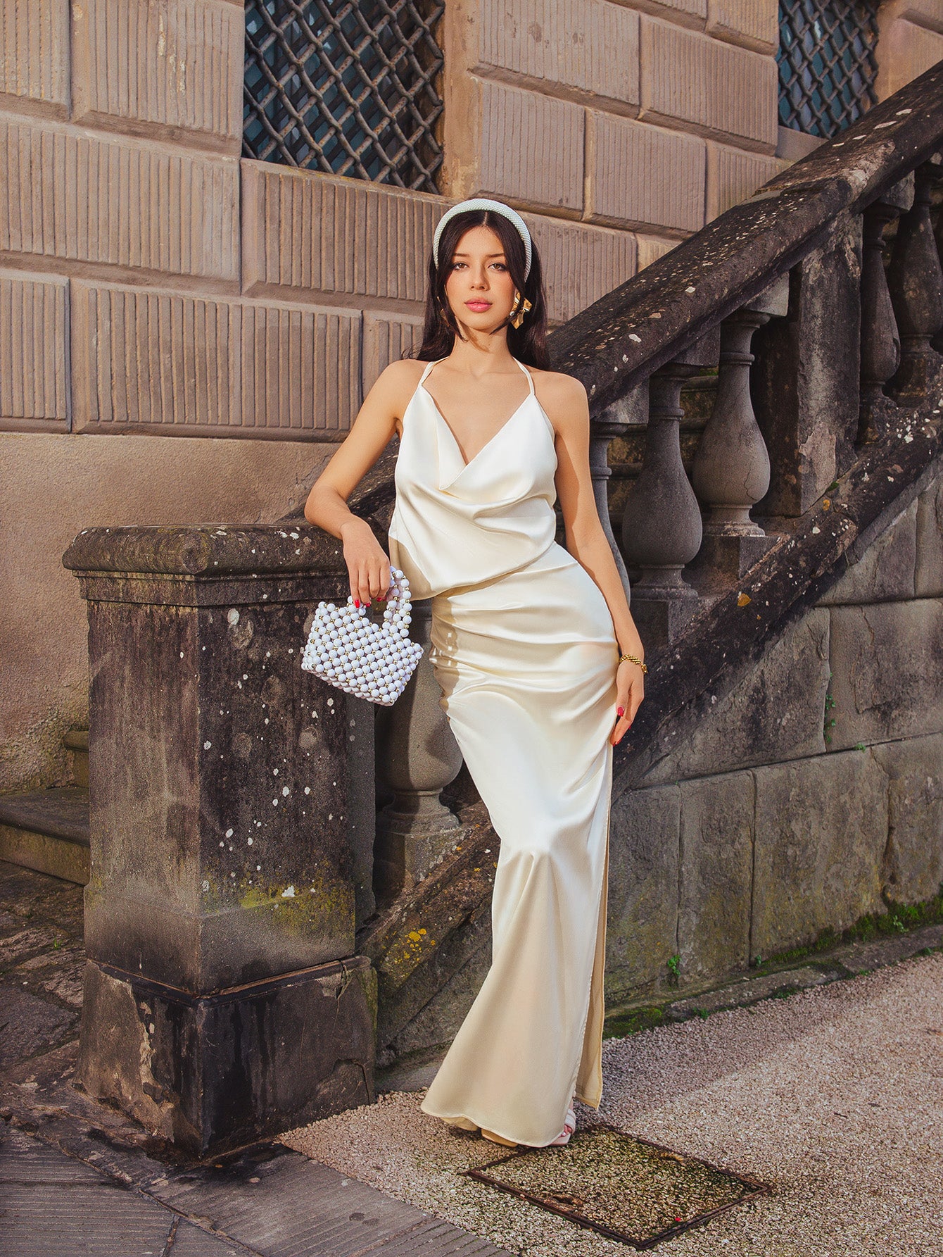 Draped Split Thigh Satin Backless Maxi Dress, Ivory / XS