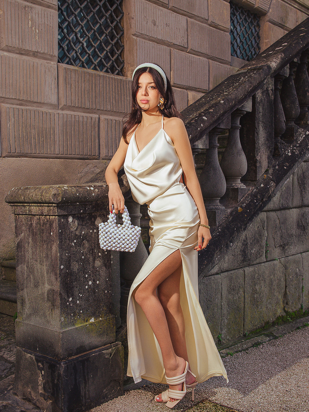 Draped Split Thigh Satin Backless Maxi Dress, Ivory / Xs Draped Split Thigh Satin Backless Maxi Dress, Ivory / Xs