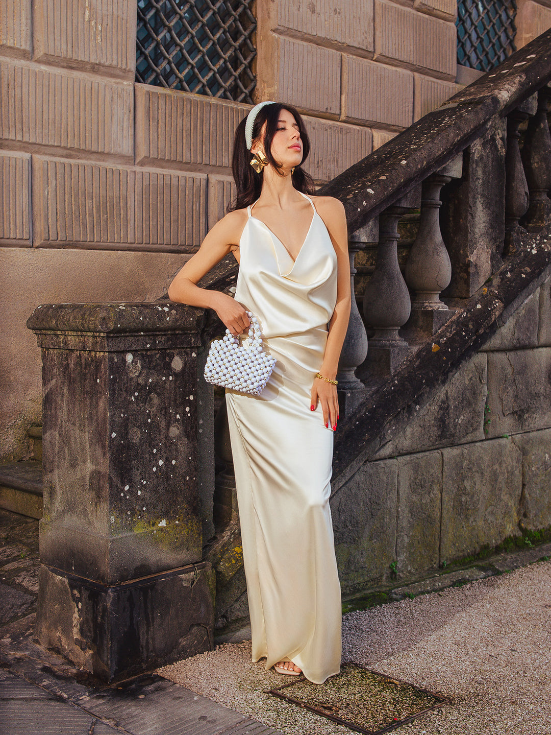 Draped Split Thigh Satin Backless Maxi Dress, Ivory / XS Draped Split Thigh Satin Backless Maxi Dress, Ivory / XS