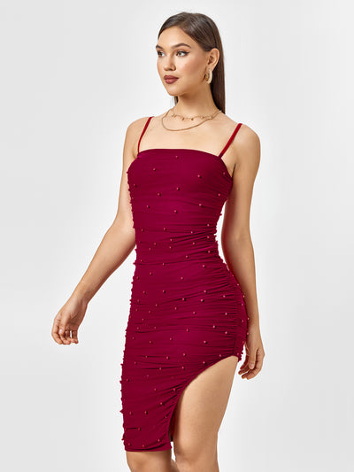 embellished bead zipper back ruched mesh dress#color_red
