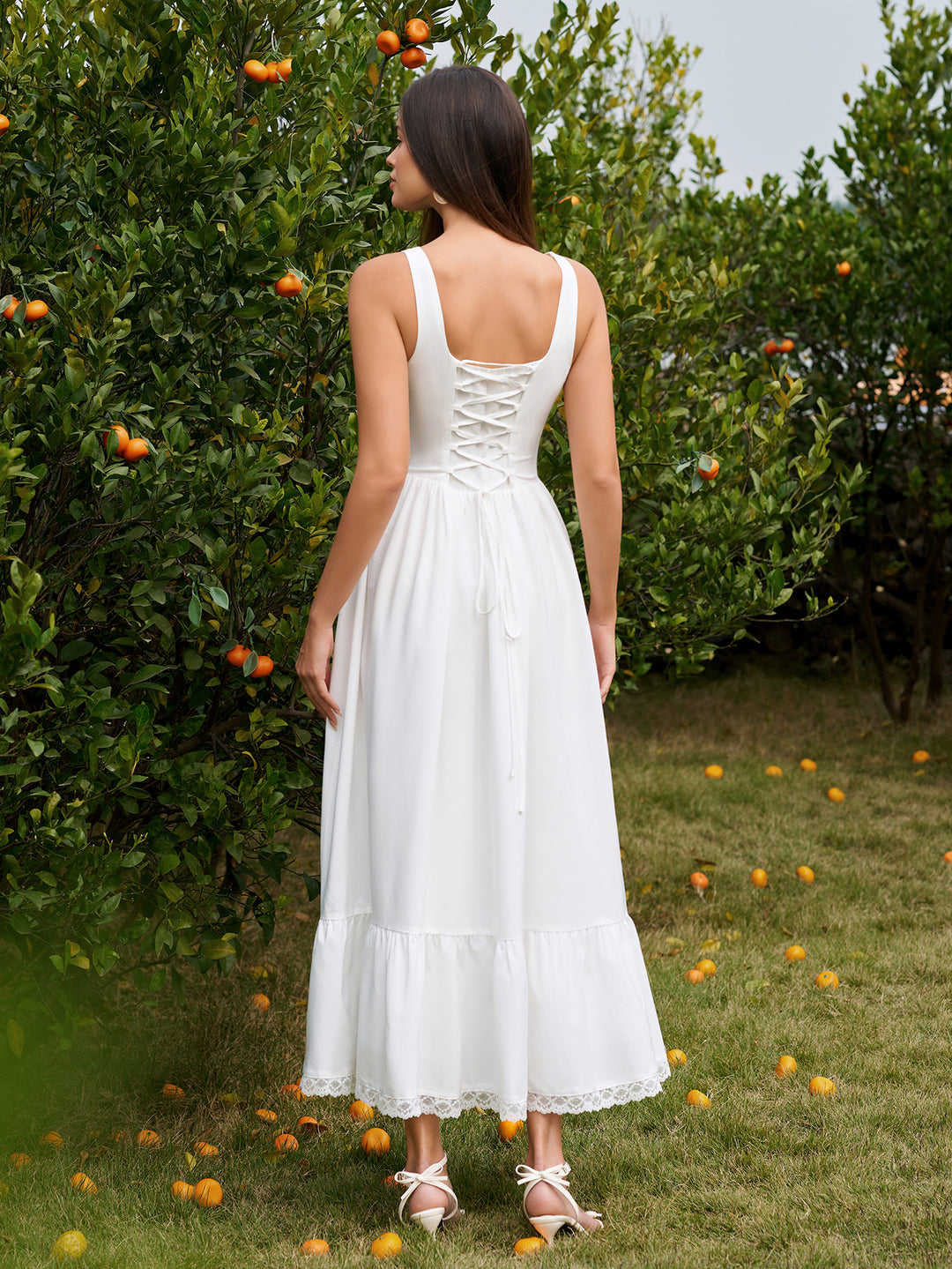 Embellished Crisscross Button Lace Trim Maxi Dress#color_white