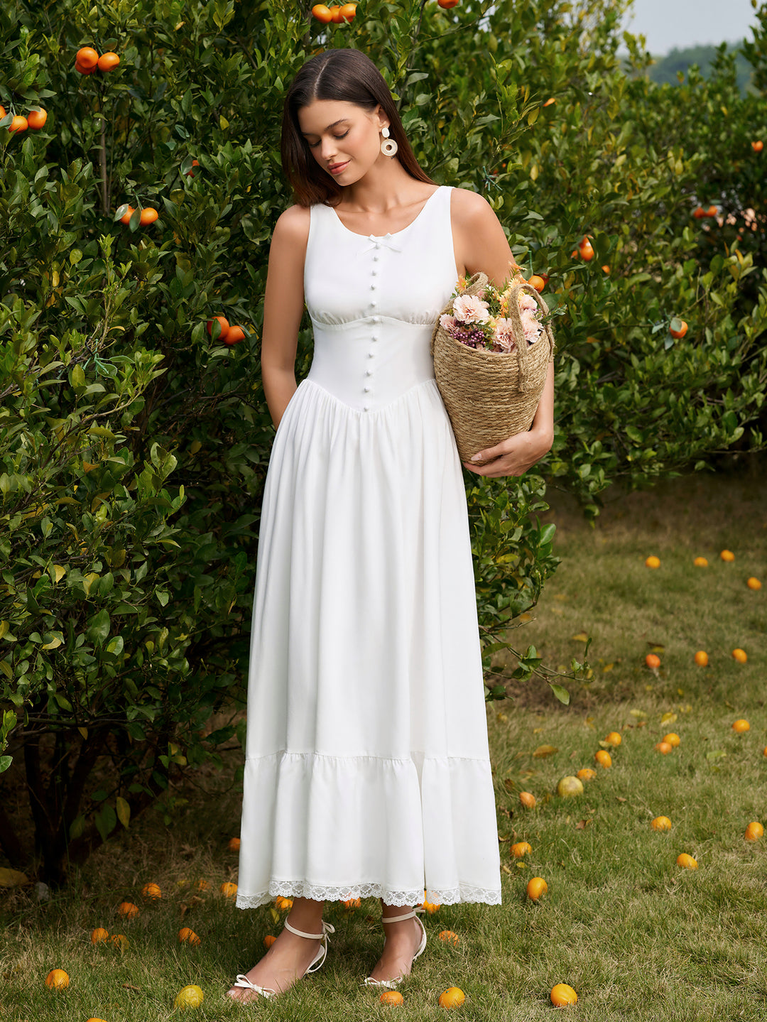 Crisscross Button Embellished Lace Trim Maxi Dress#color_white