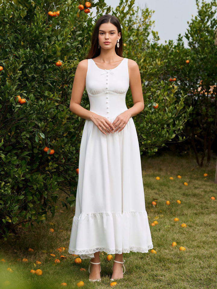 Embellished Button Crisscross Lace Trim Maxi Dress#color_white