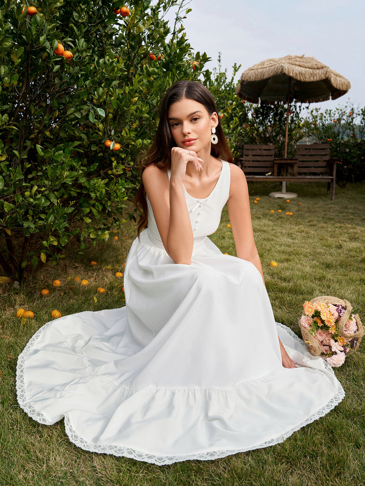 Button Crisscross Embellished Lace Trim Maxi Dress#color_white