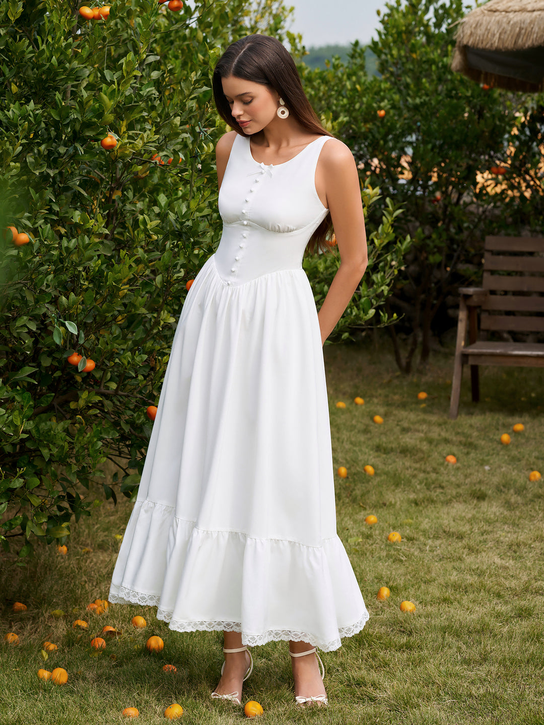 Button Embellished Crisscross Lace Trim Maxi Dress#color_white