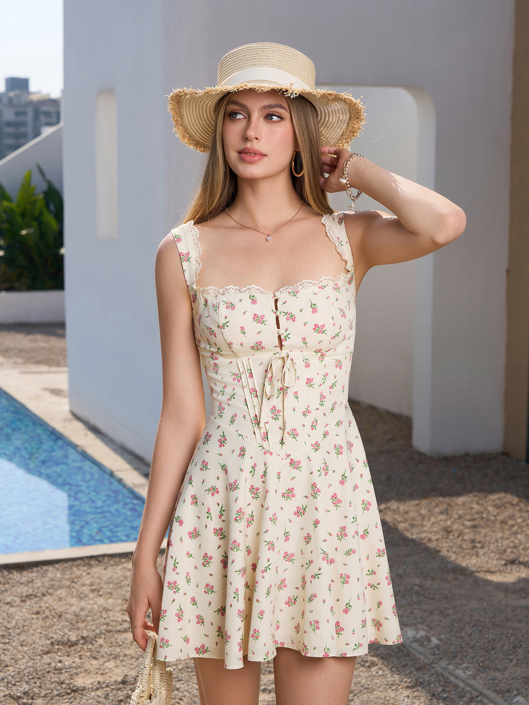 lace trim floral print dress Off White Floral Print Lace Trim Maxi Dress