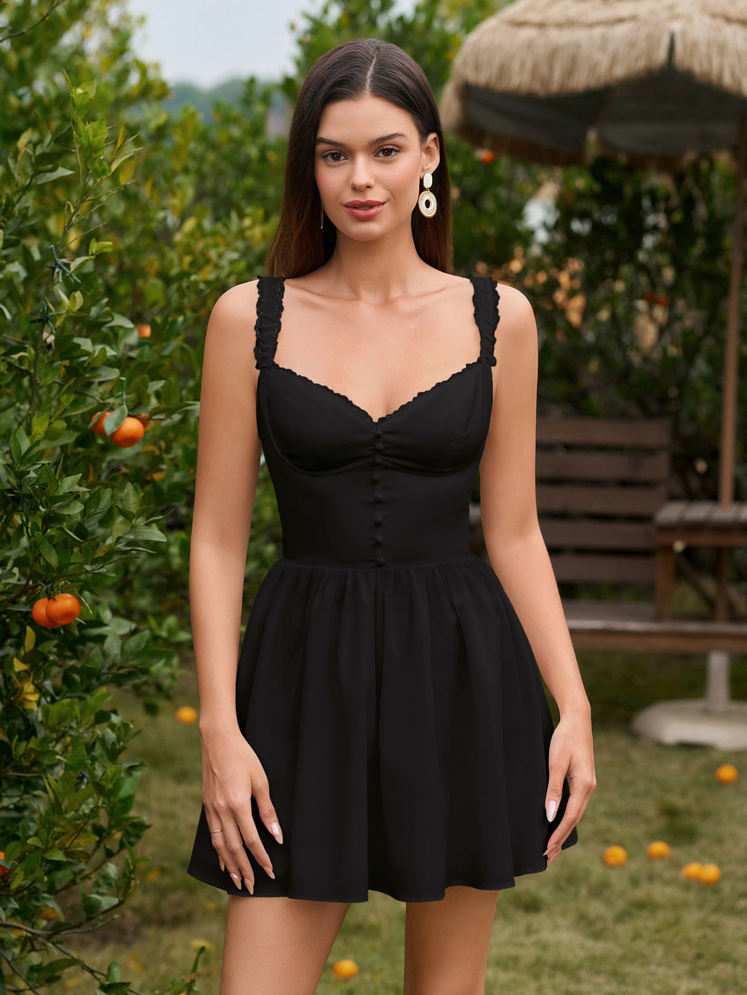 Embellished Button Plaid Print Cami Dress#color_black