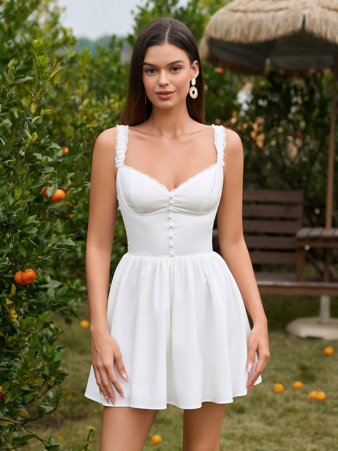 Embellished Button Plaid Print Cami Dress#color_white