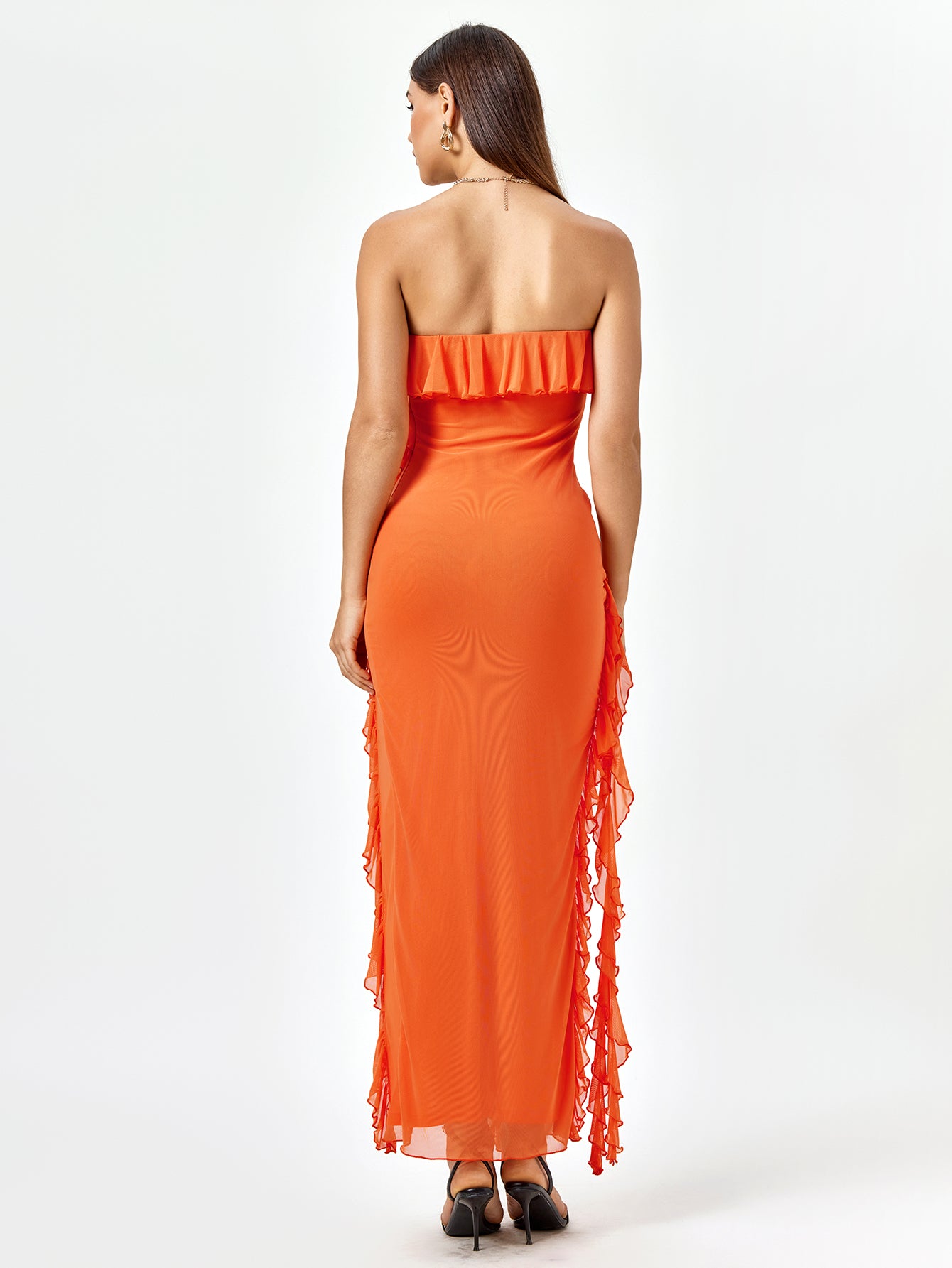 lace embellished split thigh hem tube dress#color_orange