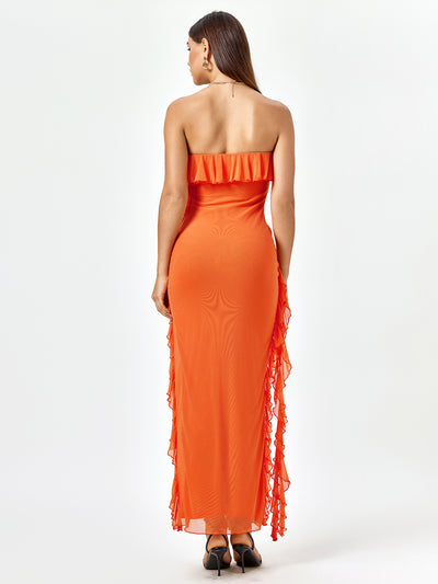 lace embellished split thigh hem tube dress#color_orange