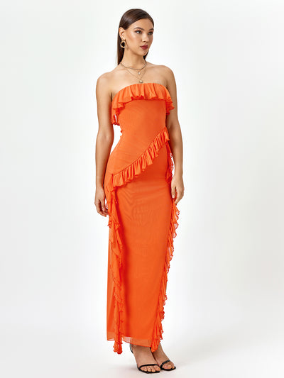 embellished lace split thigh hem tube dress#color_orange