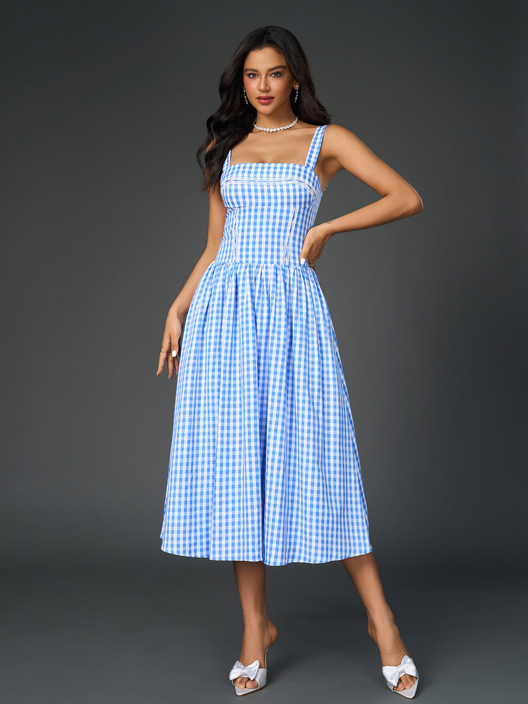 Embellished Lace Trim Pocket Plaid Print Midi Dress, Blue / XS Embellished Lace Trim Pocket Plaid Print Midi Dress, Blue / XS