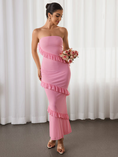 bodycon embellished mesh tube dress#color_pink