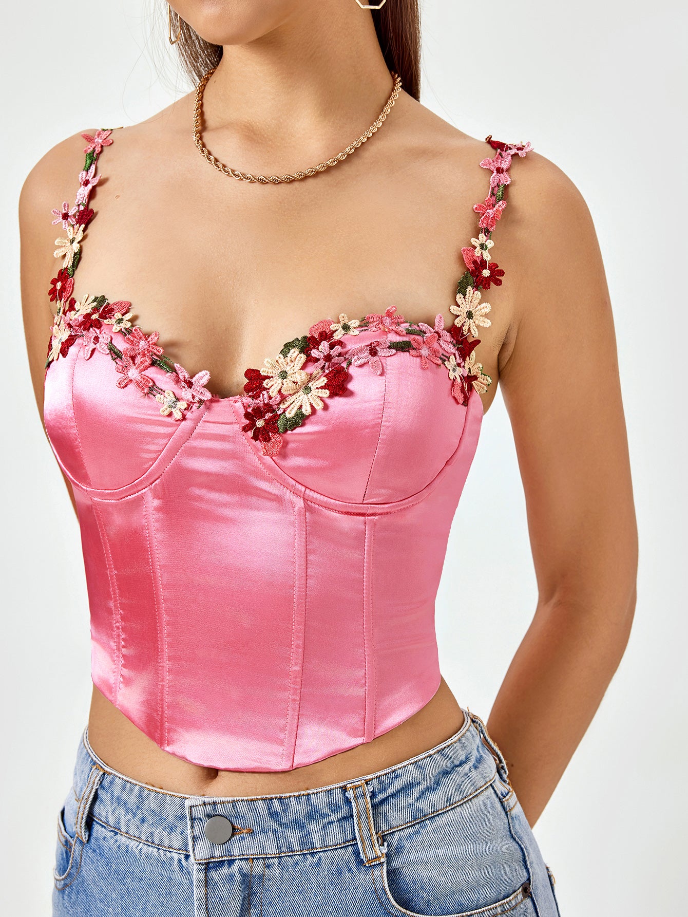 embellished strap satin corset pink top#color_pink