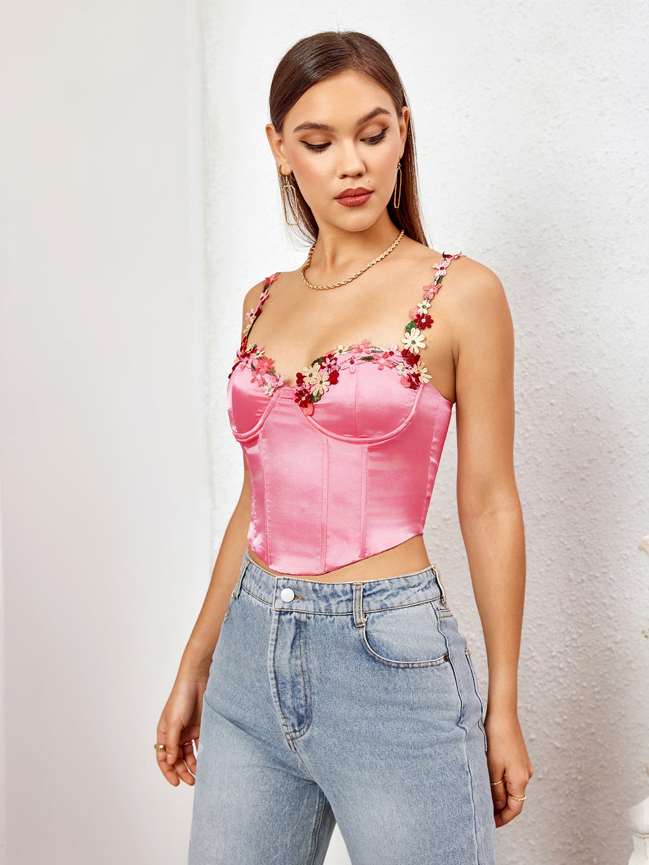 zipper back embellished strap corset satin crop top#color_pink