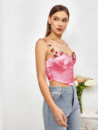 satin embellished strap corset crop top#color_pink
