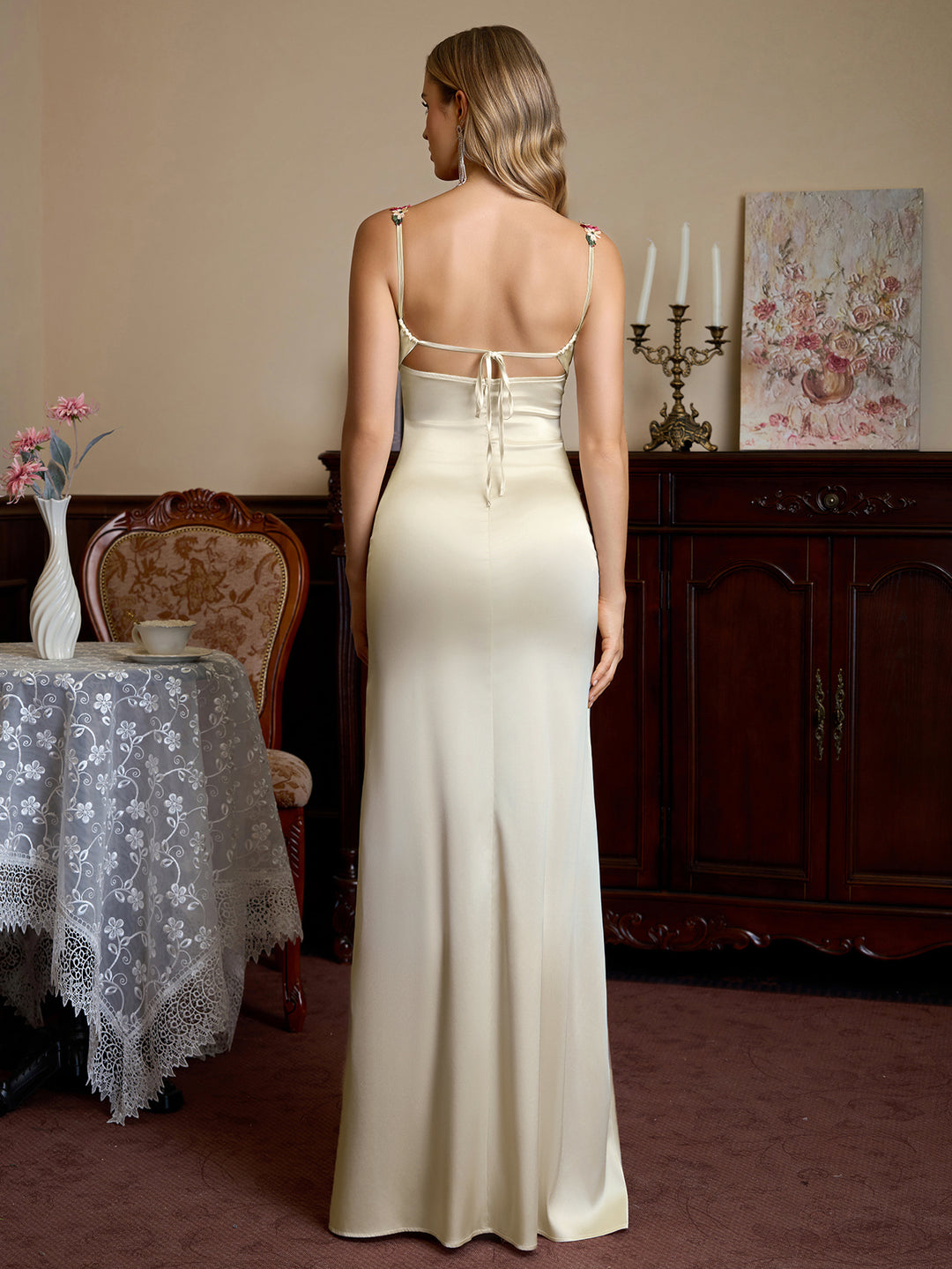 Embellished Strap Satin Tie Back Bodycon Dress#color_ivory
