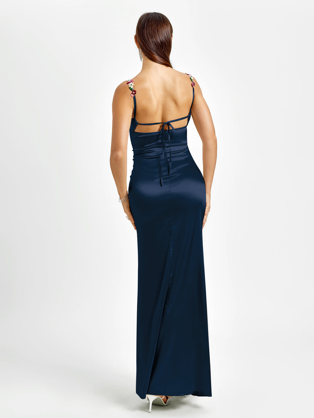 Embellished Tie Strap Back Satin Bodycon Dress#color_navy