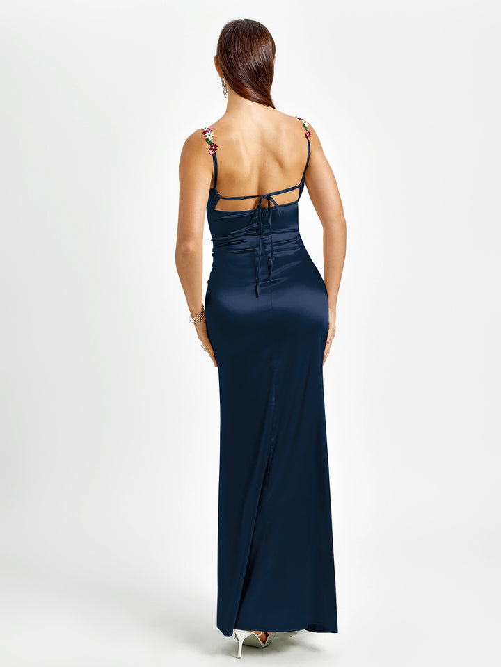Embellished Tie Strap Back Satin Bodycon Dress#color_navy