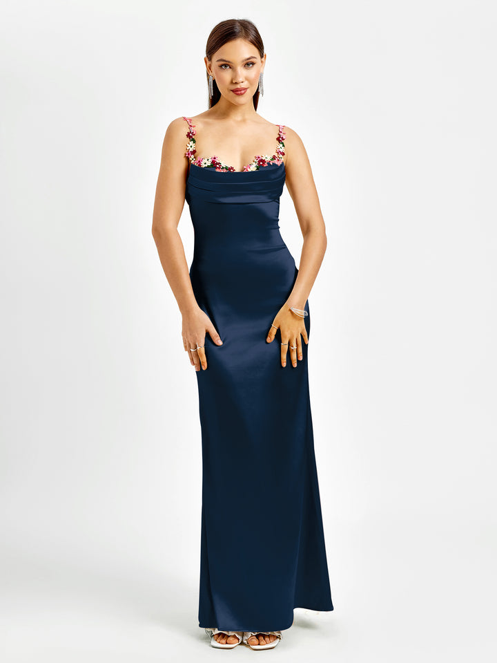Tie Embellished Strap Back Satin Bodycon Dress#color_navy